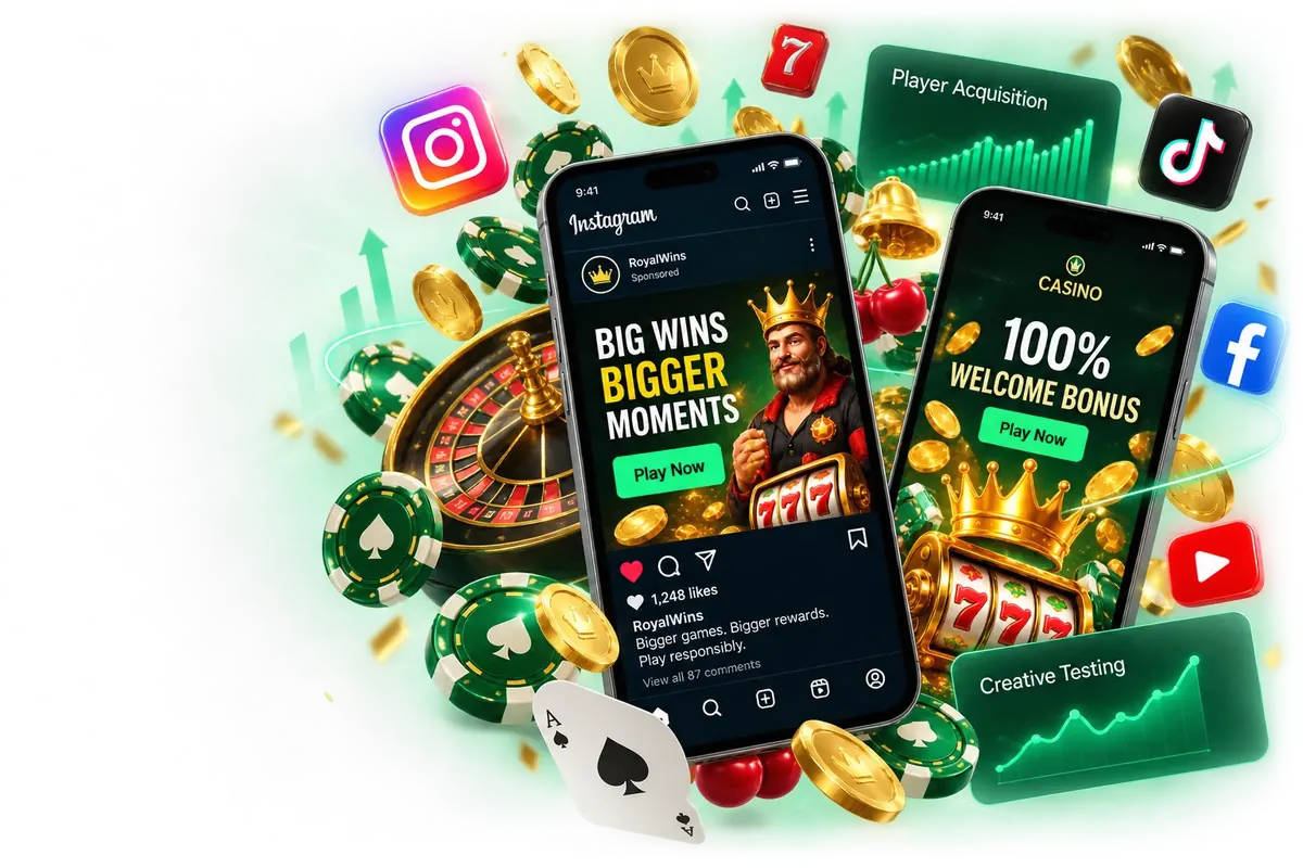 Two smartphones showing illustrative online casino ads on Instagram and a casino app, surrounded by chips, coins, a roulette wheel and player acquisition and creative testing cards