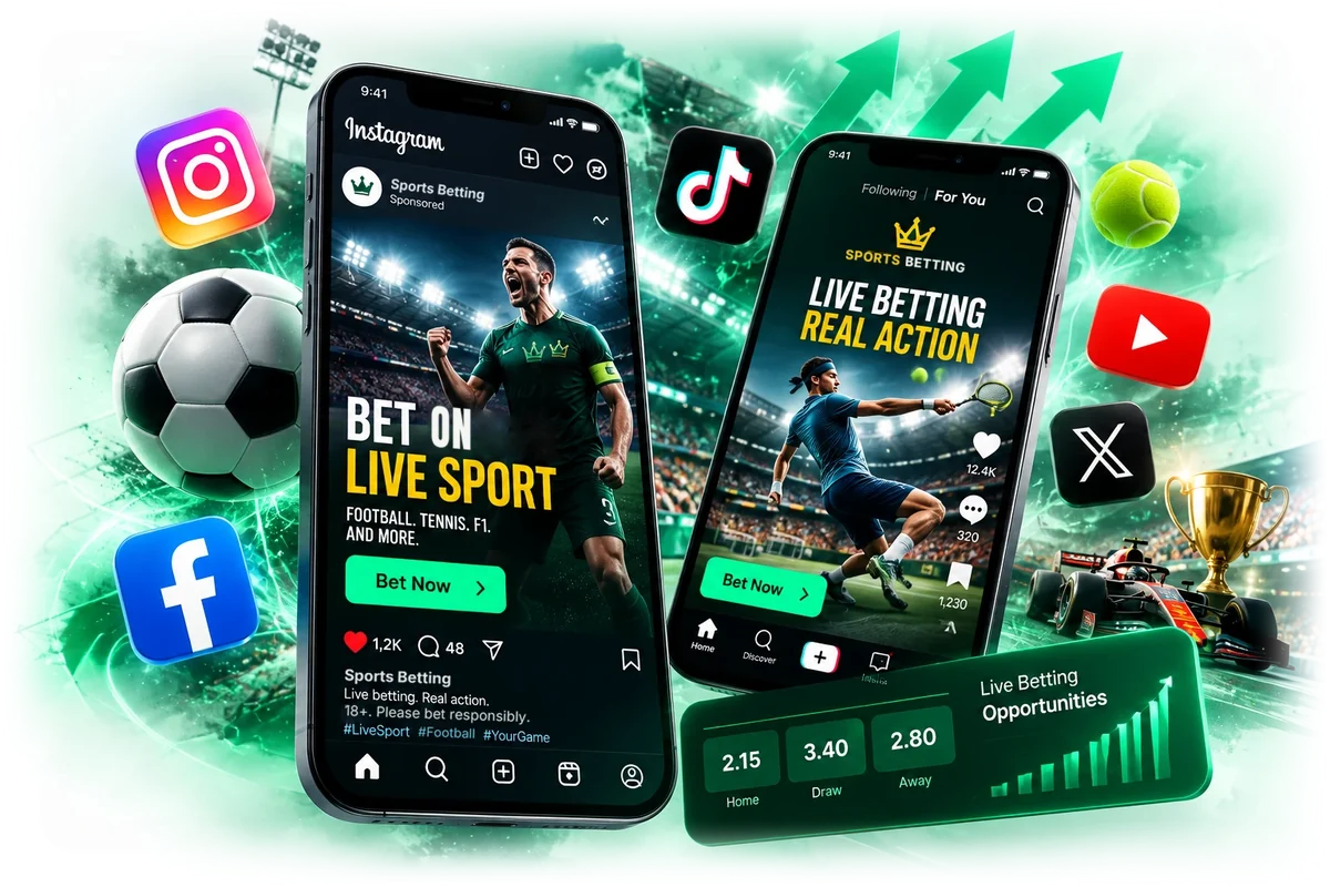 Two smartphones showing illustrative sportsbook ads on Instagram and TikTok, surrounded by a football, a tennis ball, an F1 car, a trophy and social platform icons